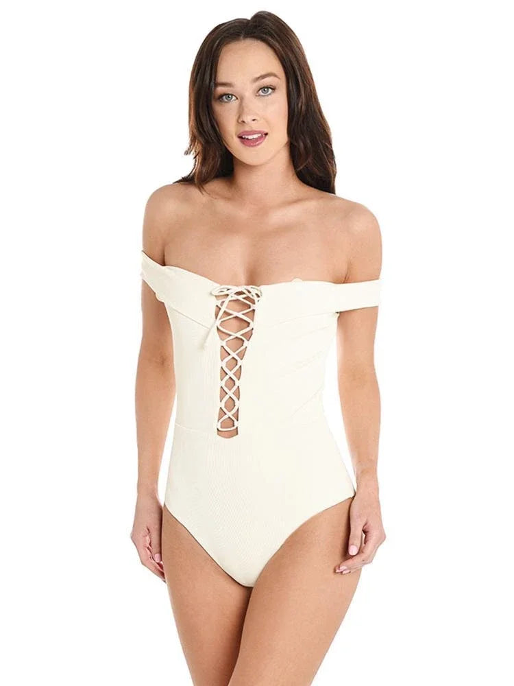 L*Space 6 Anja Piece Swimsuit, Bandeau Lace-Up One US CREAM
